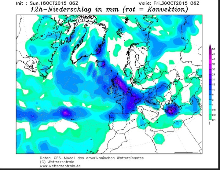 GFS-Prognose vom 18. Oktober für den 6-Stunden-Niederschlag mit GWL - auch - über Deutschland. Quelle: wie vor