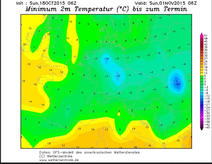 GFS-Prognose für die Tmin (2 m) vom 18. Oktober für die Nacht zum 1. November 2015 bis zu -10°C in Deutschland. Quelle: 