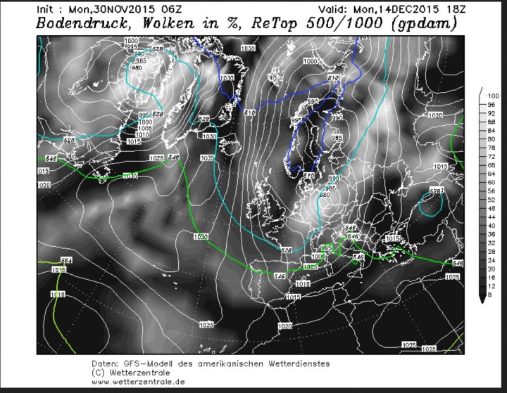 GFS-Prognose der Temperaturen in 500 hPa (rund 5500 m) vom 30.11. für den 14.12.2015 in Europa. Auf der Rückseite eines mächtigen kalten Troges des Polarwirbels über Europa werden in breitem Strom arktische Luftmassen nach Euopa geführt. Quelle:
