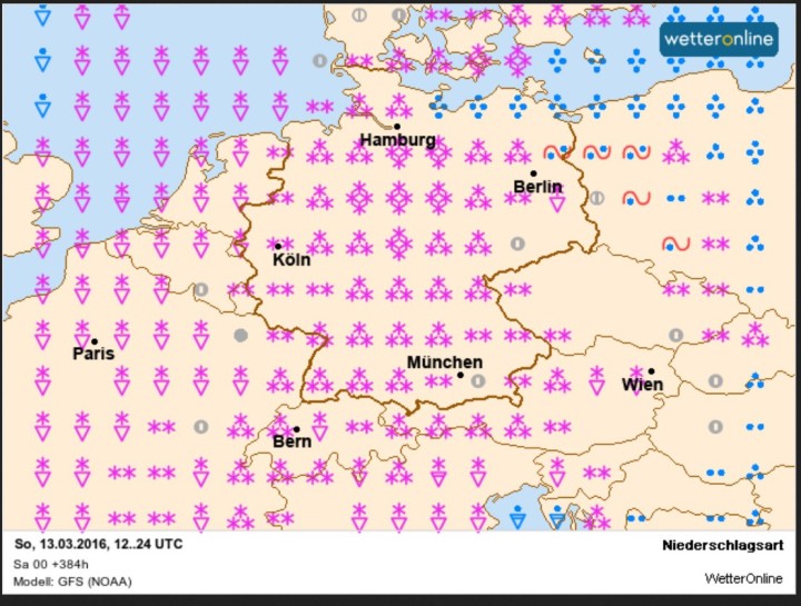 WO/GFS-Prognose vom 27. Februar für den 13. März 2016: Verbreite und teils kkäftige Schneefaäkke nichjt nut in Deutschland...Quelle: 