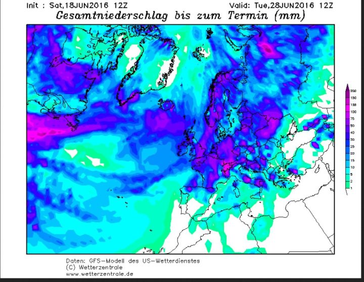GFS-Prognose vom 18. Juni für die Niederschlagsmengen bis zum 28. Juni 2016. Vor allem im Alpenraum ist mit Niederschlagsmengen bis über 150 l/m² in den kommenden 10 Tagen zu rechnen, die trotz allmählicher Erwärmung in den Hochalpen auch als Schnee fallen können. Quelle: 