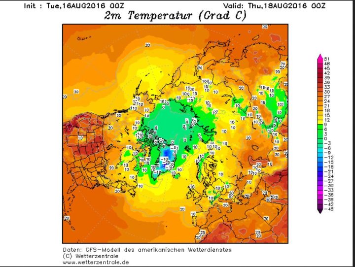 Die GFS-Prognose vom 16.8.2016 für die 2m Temperaturen am 18.8.2016 in der Arktis. Große Flächen sind bereist mit Frost überzogen. 