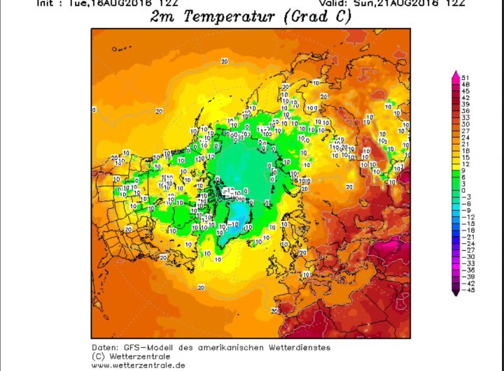 Die GFS-Prognose vom 16.8.2016 für die 2m Temperaturen am 21.8.2016 in der Arktis. Große Flächen sind bereits mit Frost überzogen, in der inneren Arktis bis zu -9°C (hellblaue Farben). WQuelle: wiw vor 