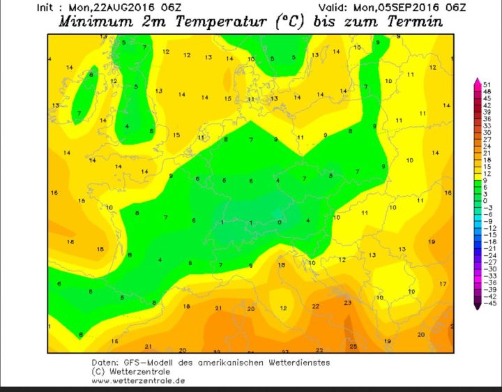 Die GFS-Prognose für die Tmin (2m) vom 22.8.2016 für die Nacht zum 5.9.2016. Bei Temperaturen um 1°C ist vor allm in Süddeutschland verbreitet mit Bodenfrost zu rechnen. Quelle: woe vor