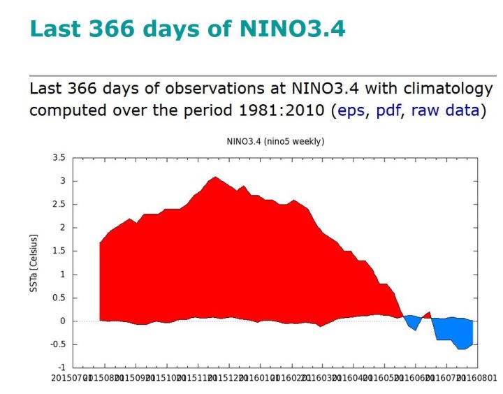 KNMI-366-Tage-Plot der SSTA zum international üblichen und von der WMO empfohlenen modernen Klimamittel 1981-2010 im maßgeblichen Niño-Gebiet 3.4 von Ende August 2015 bis Ende Juli 2016. Nach einem kräftigen El Niño-Ereignis mit Höhepunkt Oktober/November 2015 (rote Farben) sind die SSTA in den letzten Monaten ebenso kräftig gefallen und liegen in der letzten Juniwoche um den 26.6.2016 mit -0,4 K nur 0,1 K über dem La Niña-Wert von -0,5 K (blaue Farben). Seit Mitte Juli 2016 herrschen La Niña-Bedingungen. Quelle: wie vor