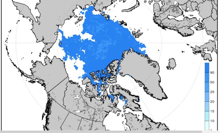 Die Meereisgrafik (extent) vom 24.8.2016 zeigt sowohl die Nordwest- (unten) als auch die Nordostpassage (oben) durch Eismassen blockiert. (blaue Flächen). Ohne Eisbrecher gibt es keine Durchfahrt! Quelle: 