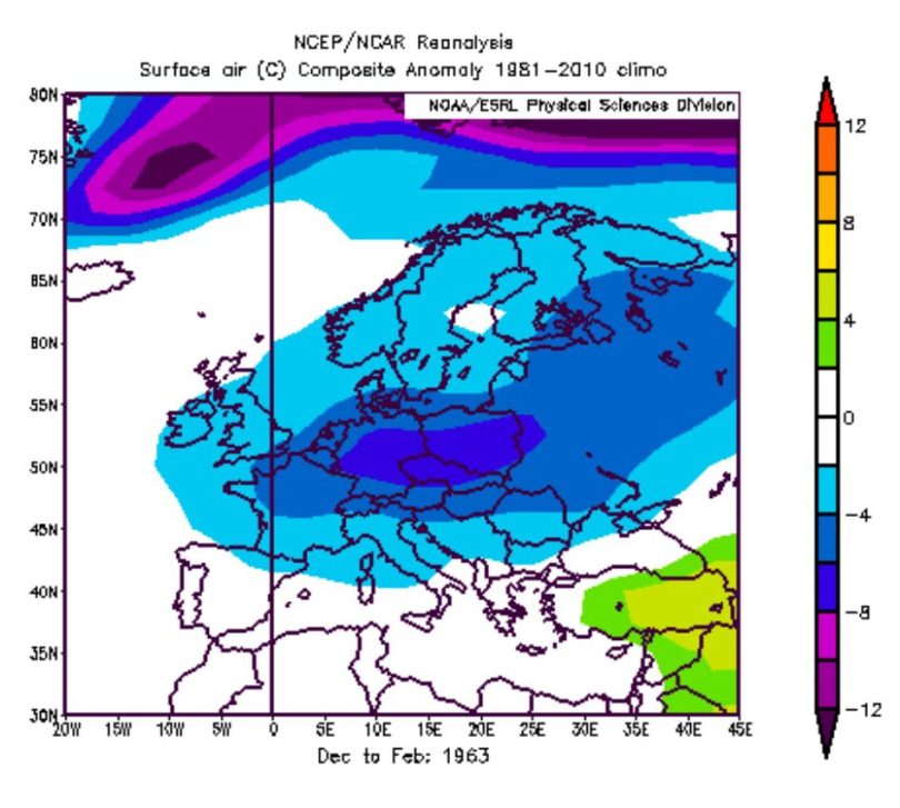 Die NOAA-Reanalyse der2m-Temperaturabweichungen (TA2m) im Jahrhundertwinter 1962/63 in Europa am Bginn einer kalten Phase der AMO. Quelle: 
