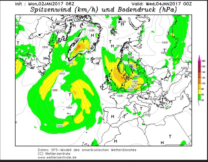 GFS-Prognose vom 1.1.2017 für die Windstärken am 4.1.2017. Für die Deutsche Nordseeküste wird mit Nordweststurm um 100 km/h (Windstärke10/11) gerechnet, das bedeutet erneute Sturmflutgefahr! Quelle: 