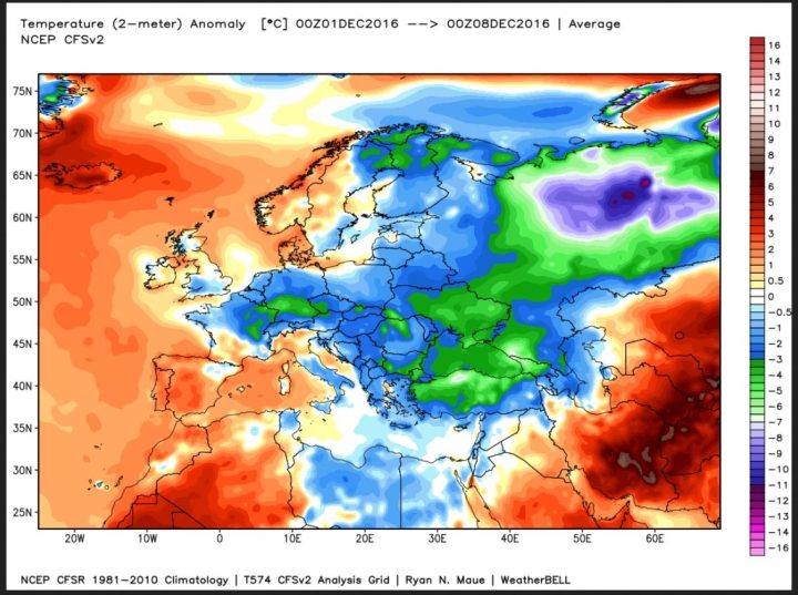 Die Amalyse der 2m-Temperaturen für die erste Dezemberwoche 2016 zeigt Europa goßflächig unterkühlt. Die negativen Abweichungen (blau/grüne Farben) zum WMO-Klimamittel 1981-2010 liegen auch in Deutschland bei eisigen bis zu -