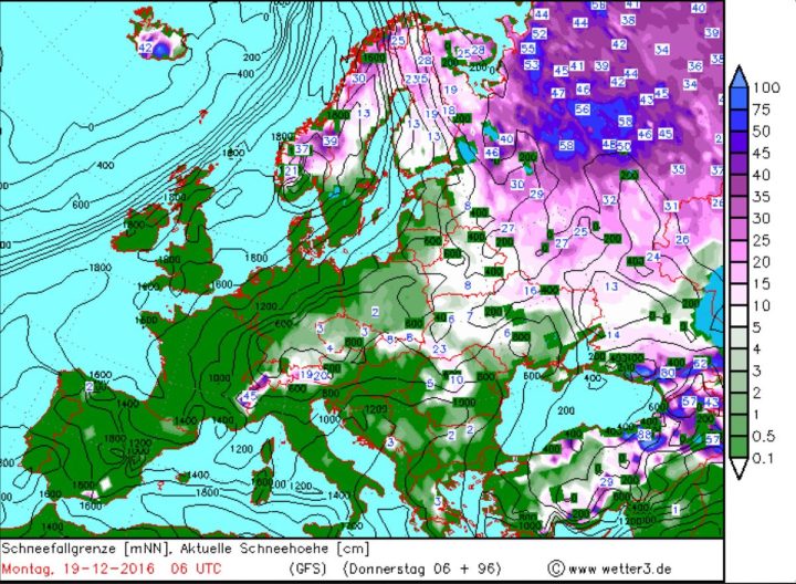 Wetter3/GFS-Prognose für Schneefall und Schneefallgrenze vom 28.2.2016 für den 3.3.2016. In Deutschland werden verbreitet zum Frühlingsbeginn 2016 Schneefälle bis ins Flachland erwartet. Quelle: 