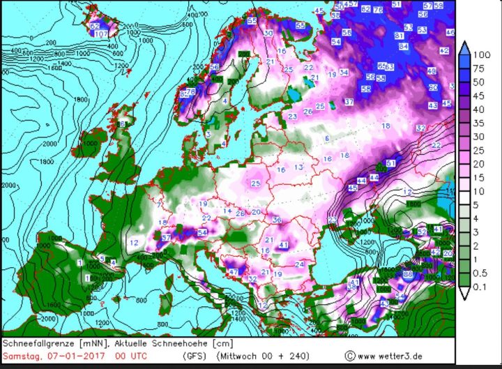 Wetter3/GFS-Prognose für Schneefall und Schneefallgrenze vom 28.12.2016 für den 6./7.1.2017. In Deutschland werden verbreitet Schneefälle bis ins Flachland erwartet. Quelle: wie vor