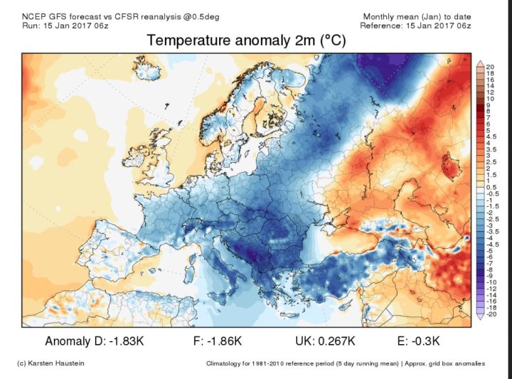 Die CFSR-Reanalyse der Temperaturabweichungen in Europa vom 1. bis zum 15. Januar 2017 zum WMO-Klimamittel 1981-2010. Große Teile Europas sind von einer Kältewelle überzogen, für Deutschland wird eine negative Abweichungn von -1,8 K angegeben, die sich in der kommenden Woche noch kräftig auf -3,1 K Abweichungn verstätken soll (s. Grafik darunter). Quelle: 
