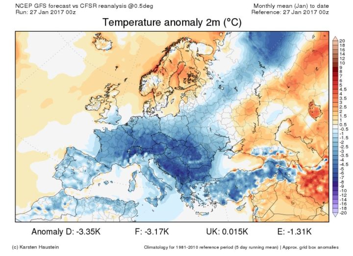 Die CFSR-Reanalyse der Temperaturabweichungen in Europa vom 1. bis zum 26. Januar 2017. Große Teile Europas sind von einer Kältewelle überzogen, die Abweichungen zum WMO-Mittel 1981-2010 liegen in Deutschland bei -3,4 K. Quelle: 